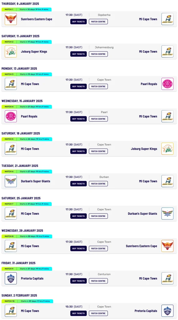 MI Cape Town Schedule for Betway SA20 2025
