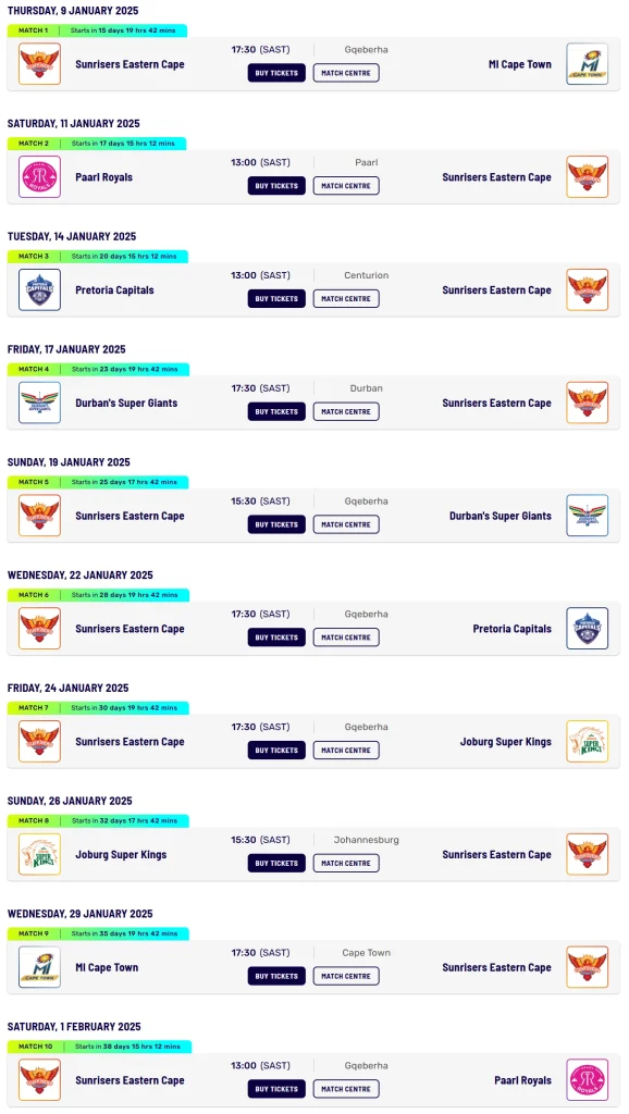 Sunrisers Eastern Cape Schedule 2025