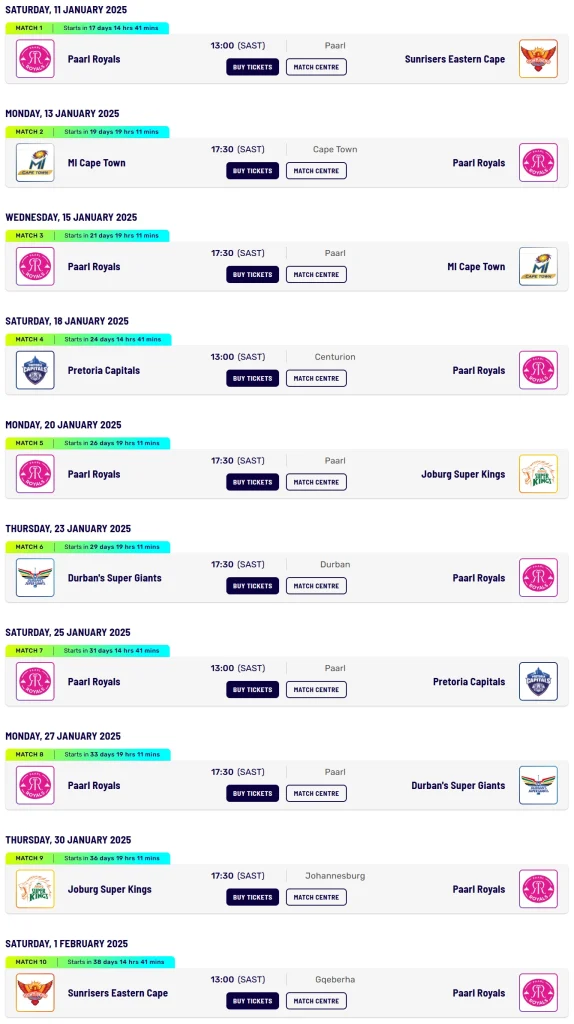 paarl royals schedule 2025